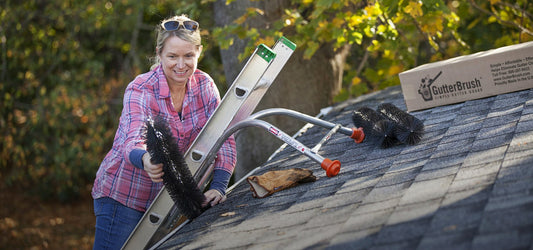 pretty lady on ladder installing gutter screen