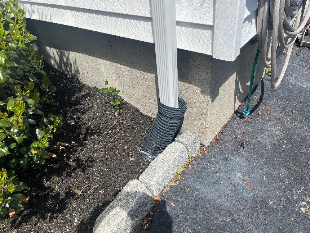 Rain gutter downspout brings debris into buried drainage pipe.