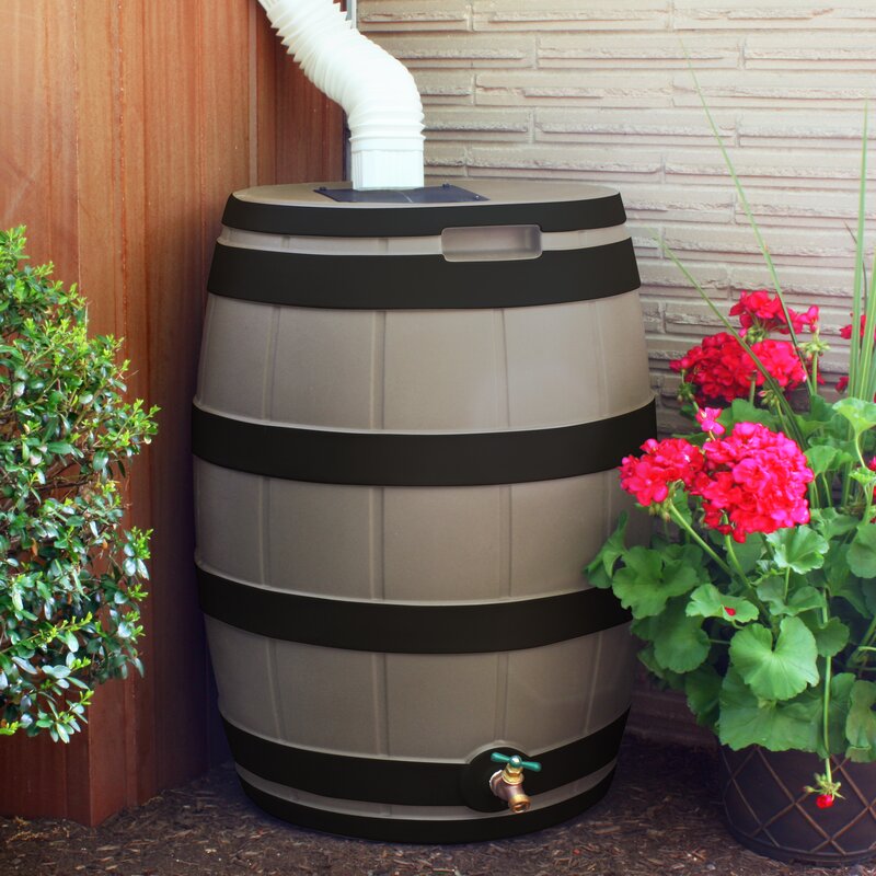 downspout enters a rain barrel and collects harvested rain water
