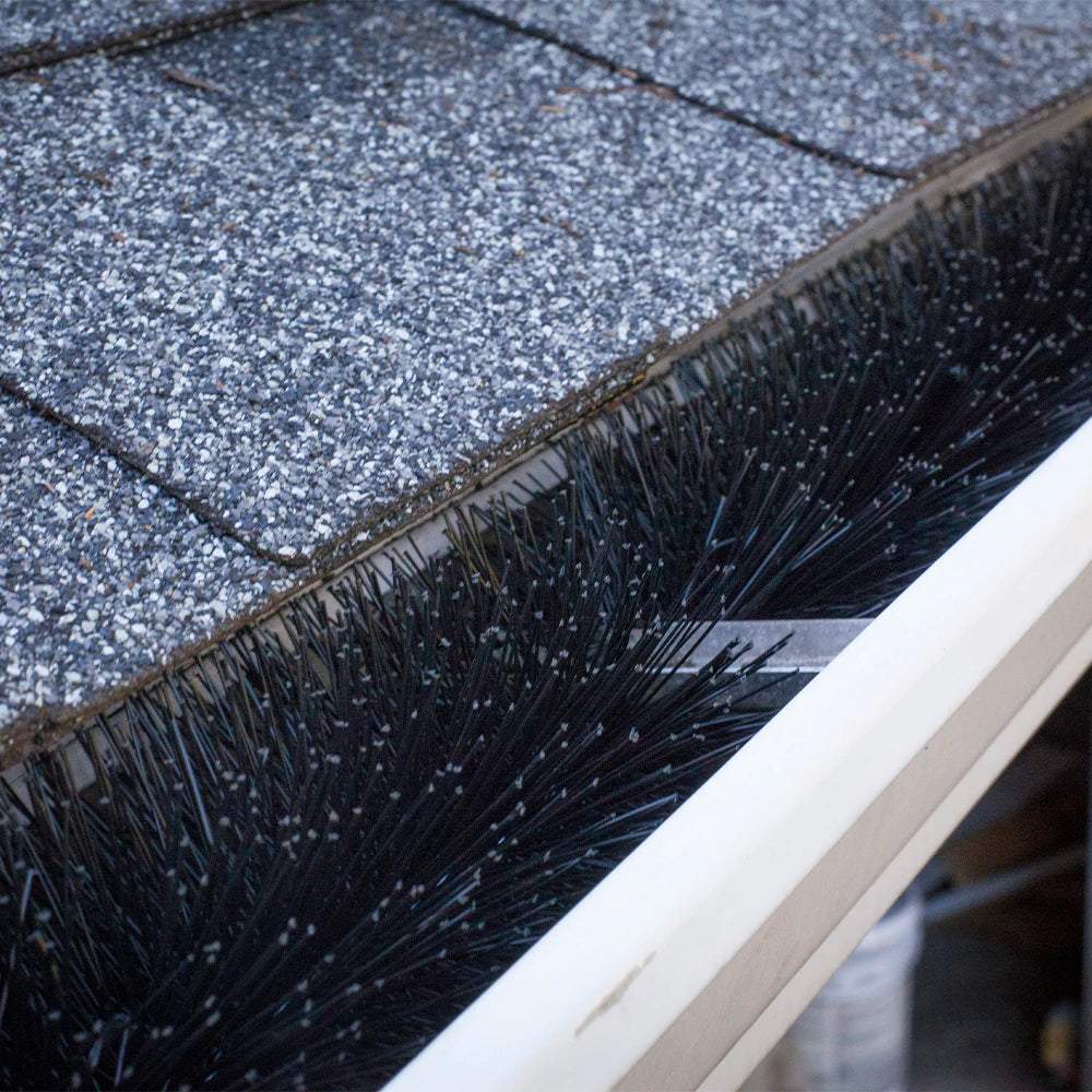 aluminum gutter with brush gutter guard insert under roof shingle drip edge