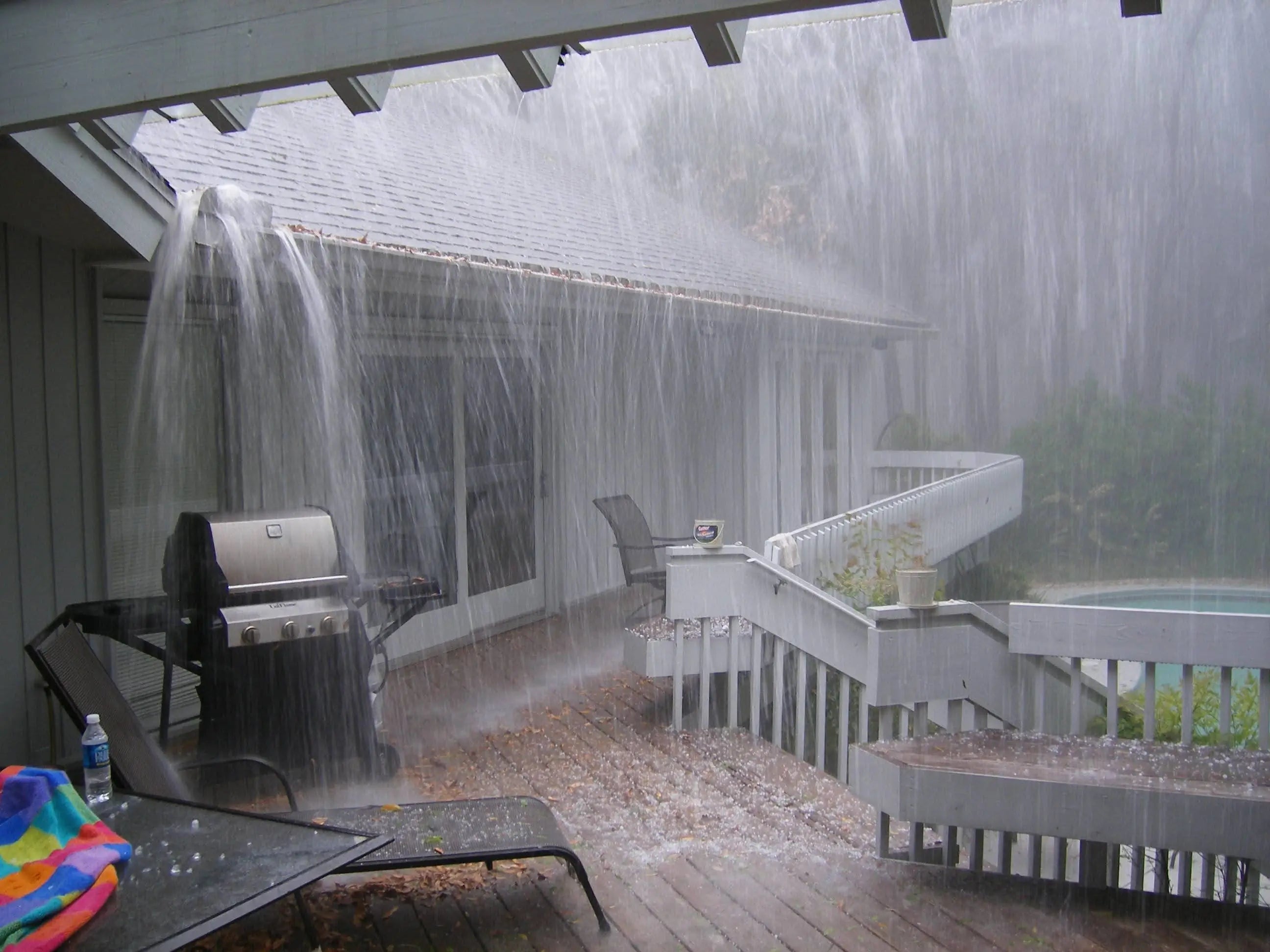 Gutter screens and covers overflow with heavy rain