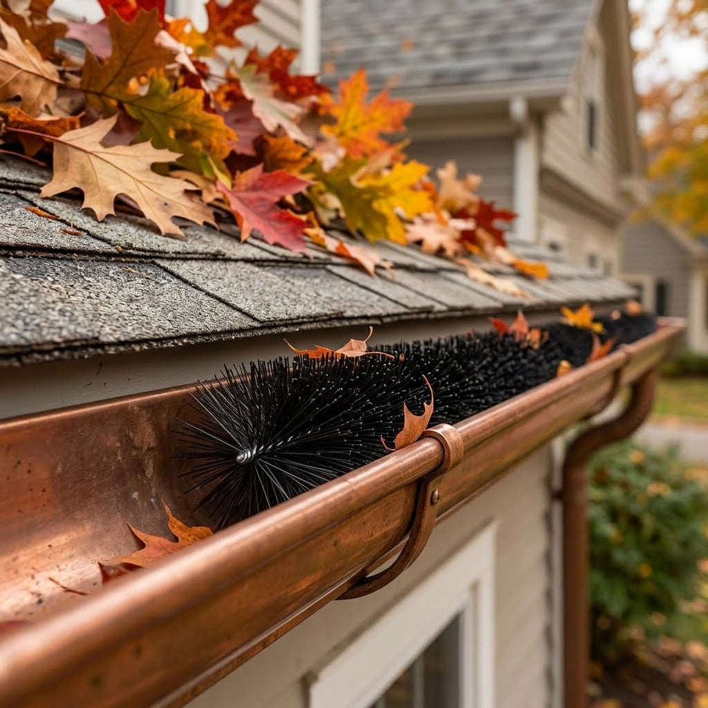 GutterBrush in a half round copper gutter solves half round gutter clogging
