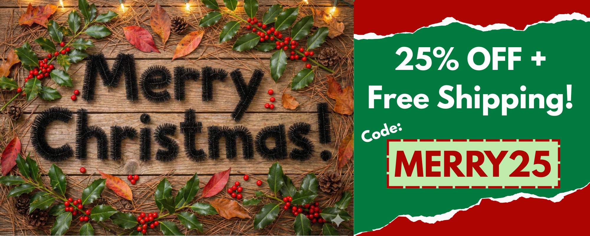 Christmas-themed promotional banner with 'Merry Christmas!' text and a discount offer.