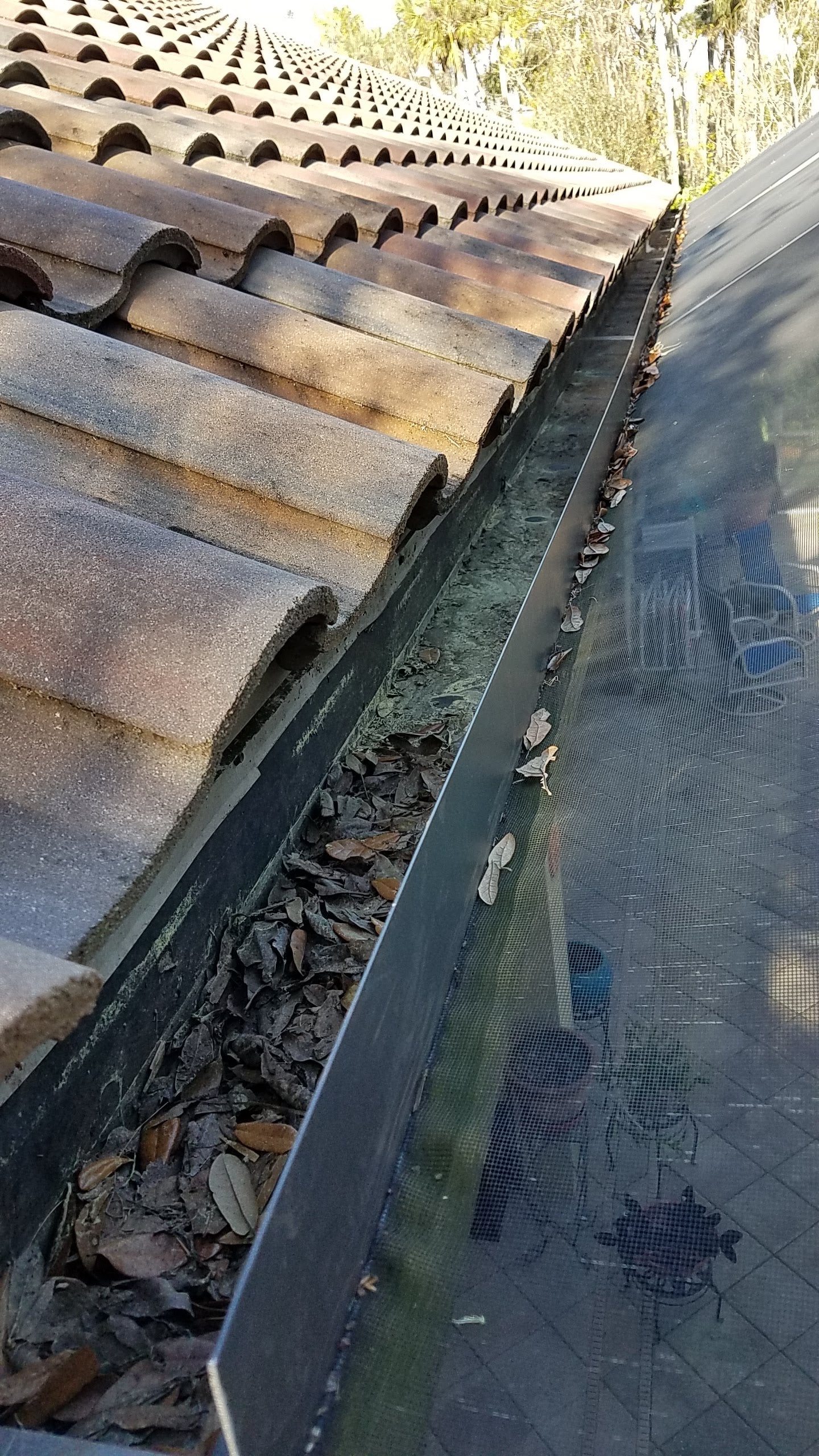 Super Gutter without Gutter Guard on pool screen cage