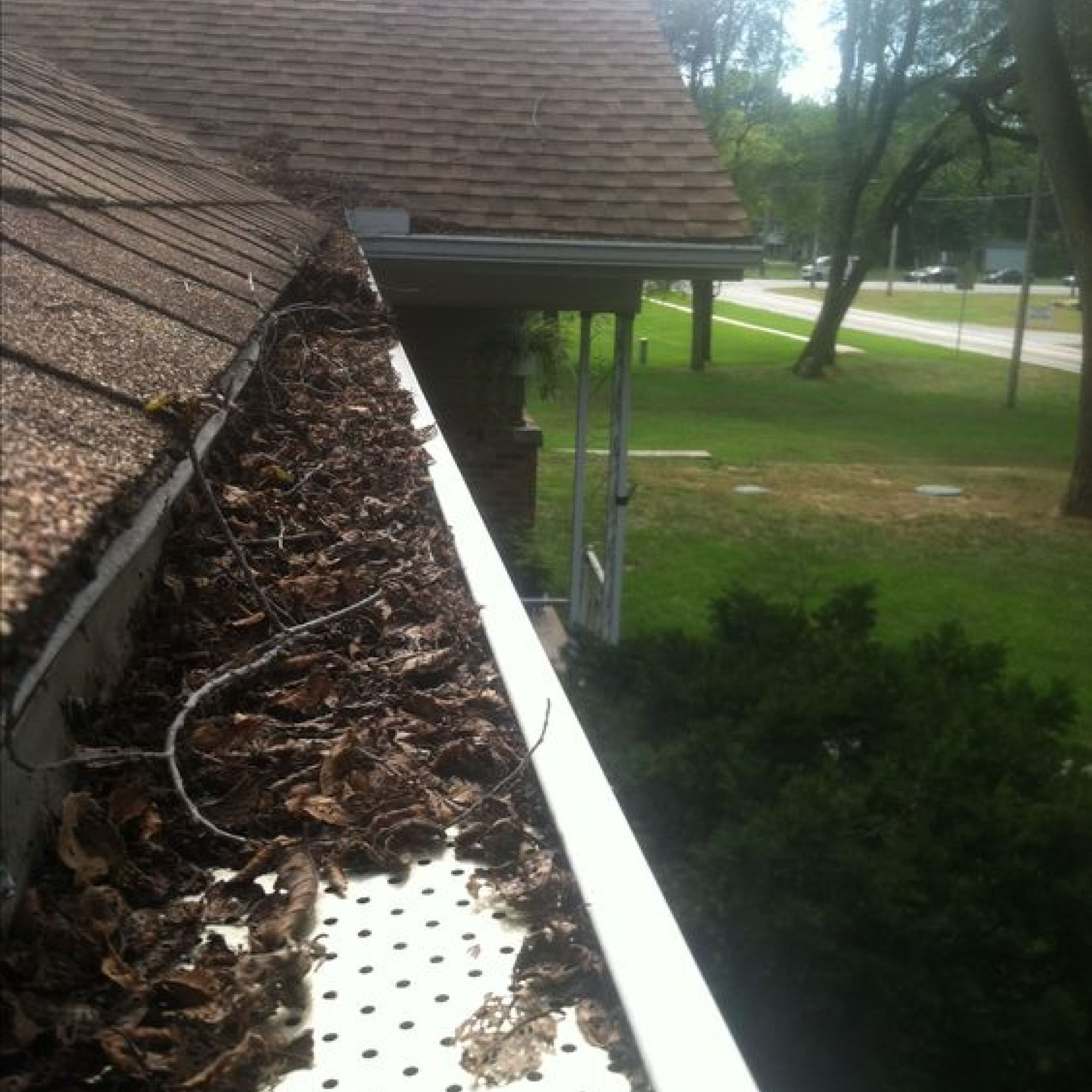 Aluminum gutter guard covered with leaves